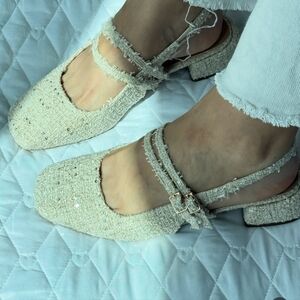 Zara Cream Textured Slingback Flats